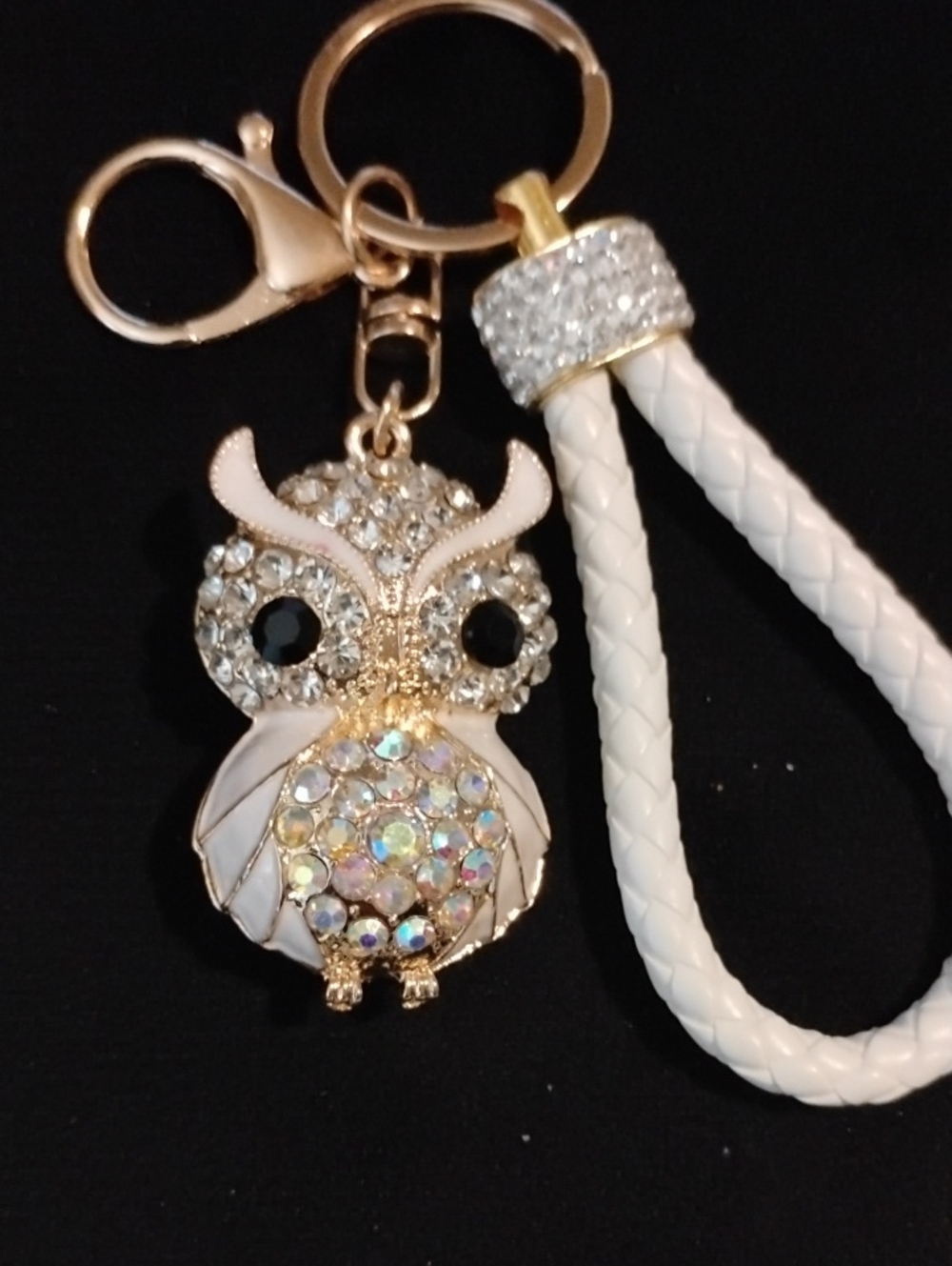 Rhinestone Owl Bag Charm/ Keychain with White Braided Strap